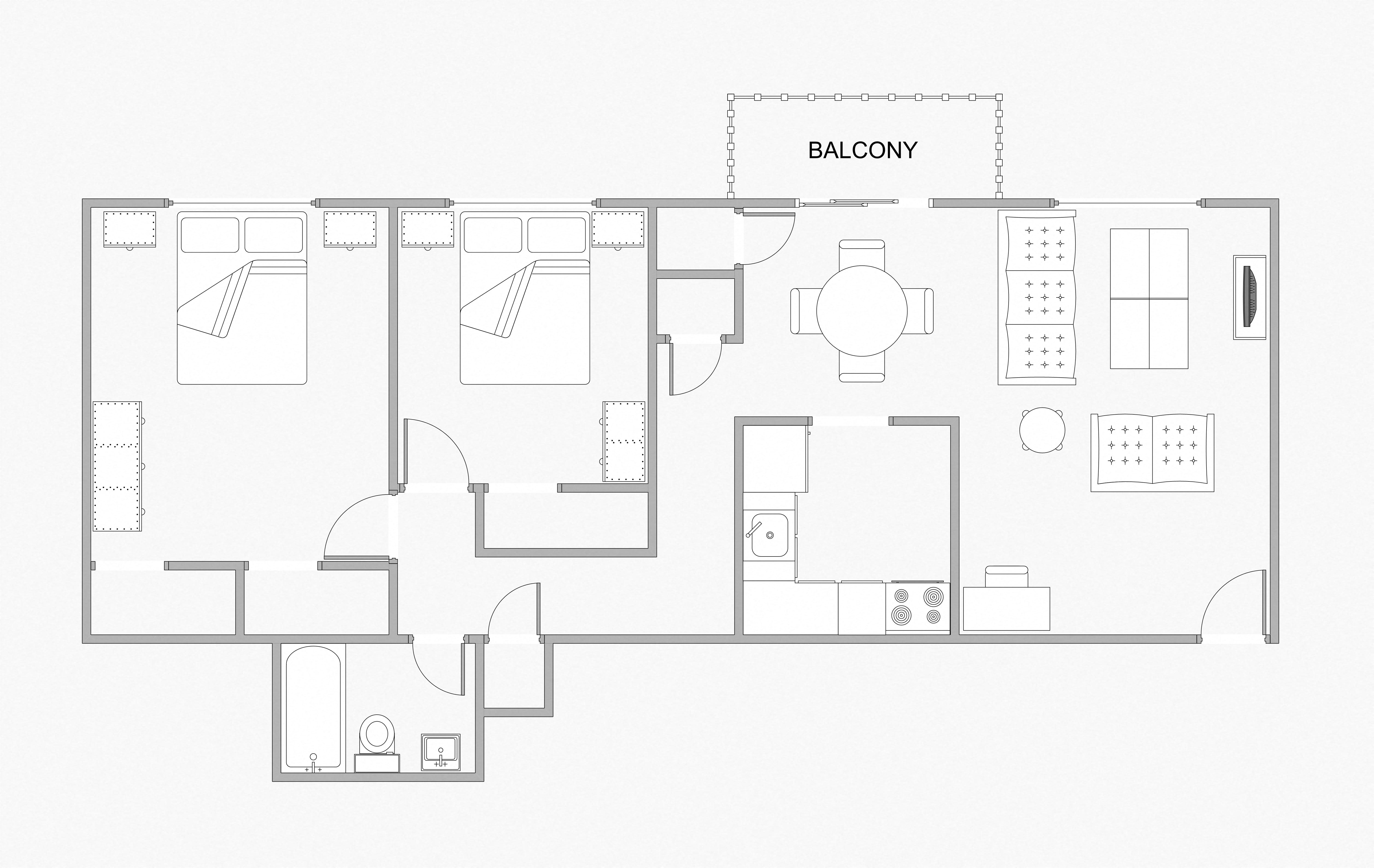 Floor plan for 2 beds, 1 bath, 844 sqft